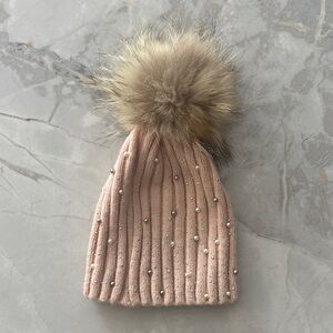 Elegant Baby Pink Beanie Hat with Genuine Fur Pom